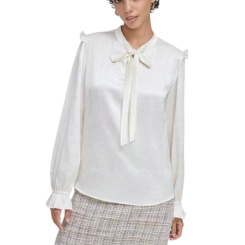 Calvin Klein Textured Tie-Neck Ruffled Blouse Cream XL NWT Careerwear